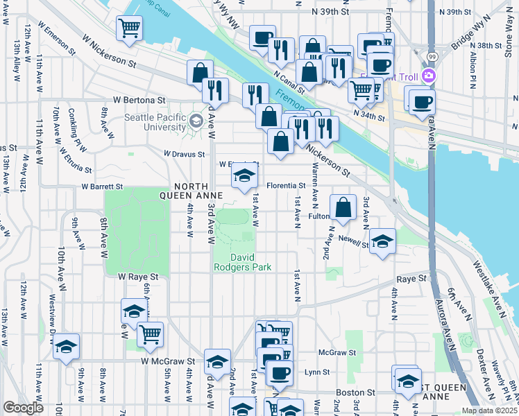 map of restaurants, bars, coffee shops, grocery stores, and more near 22 West Fulton Street in Seattle