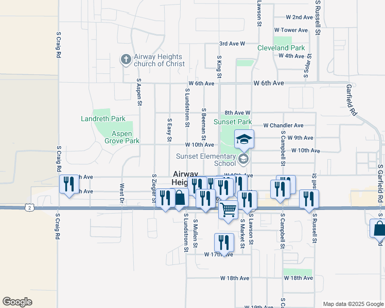 map of restaurants, bars, coffee shops, grocery stores, and more near 1021 S Lundstrom St in Airway Heights