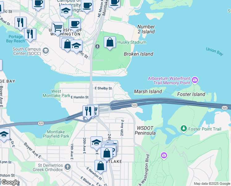 map of restaurants, bars, coffee shops, grocery stores, and more near 2170 East Shelby Street in Seattle