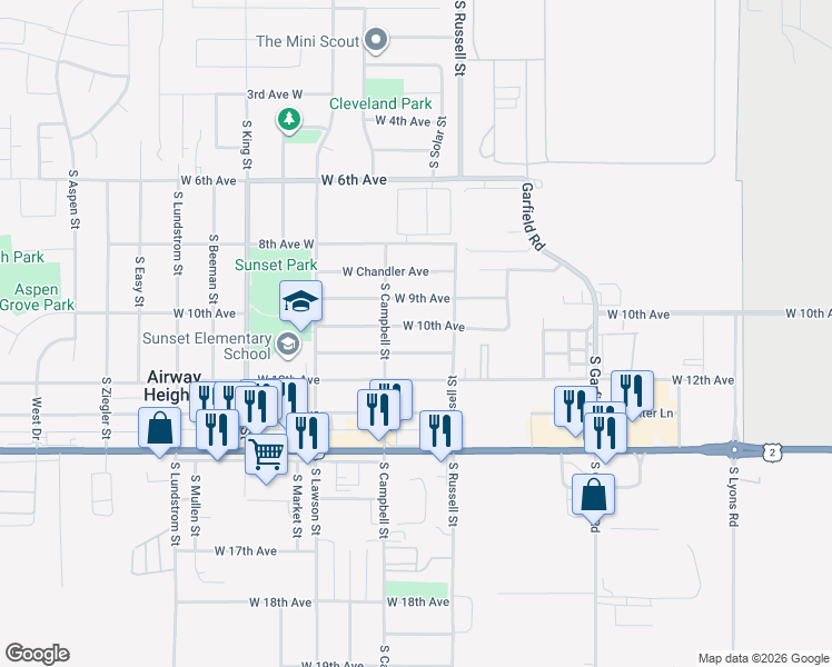 map of restaurants, bars, coffee shops, grocery stores, and more near 12513 West 10th Avenue in Airway Heights