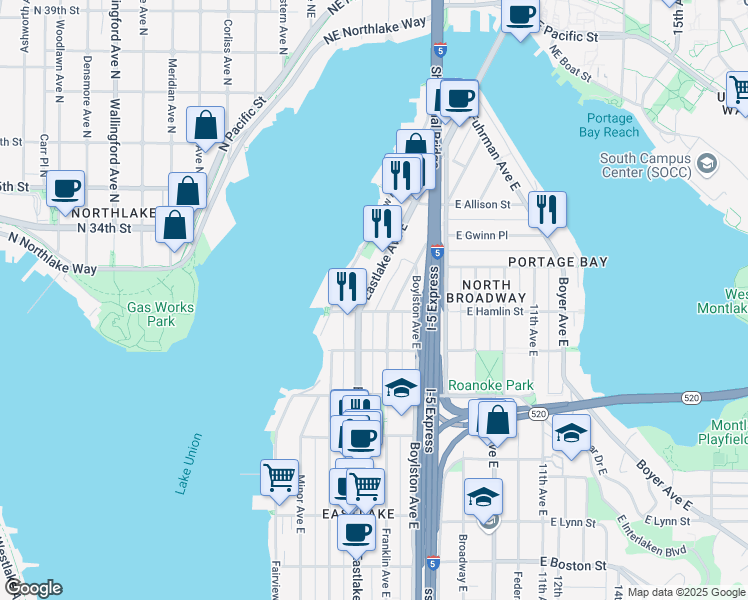 map of restaurants, bars, coffee shops, grocery stores, and more near 2810 Eastlake Avenue East in Seattle