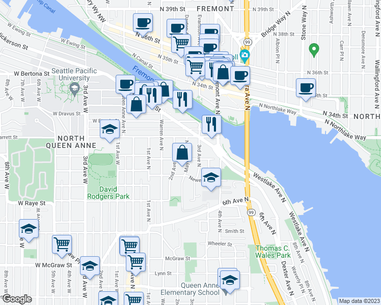 map of restaurants, bars, coffee shops, grocery stores, and more near 2908 Mayfair Avenue North in Seattle