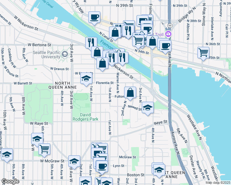 map of restaurants, bars, coffee shops, grocery stores, and more near 2911 Warren Avenue North in Seattle