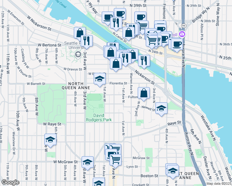 map of restaurants, bars, coffee shops, grocery stores, and more near 2 Fulton Street in Seattle