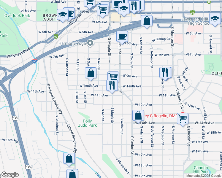 map of restaurants, bars, coffee shops, grocery stores, and more near 1523 West Tenth Avenue in Spokane