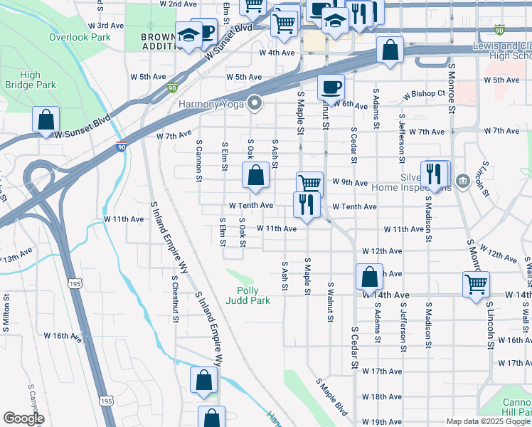 map of restaurants, bars, coffee shops, grocery stores, and more near 1733 West Tenth Avenue in Spokane