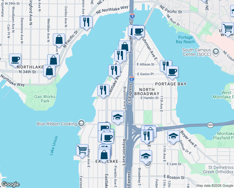 map of restaurants, bars, coffee shops, grocery stores, and more near 2810 Eastlake Avenue East in Seattle