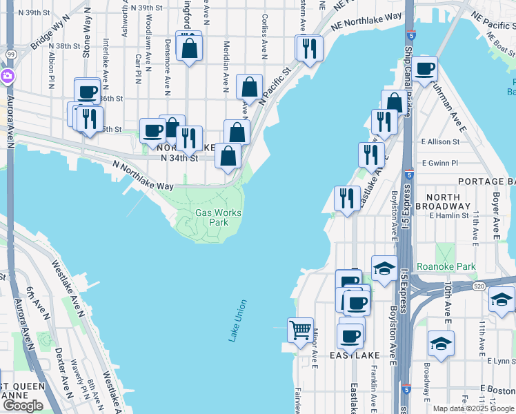 map of restaurants, bars, coffee shops, grocery stores, and more near 2101 North Northlake Way in Seattle
