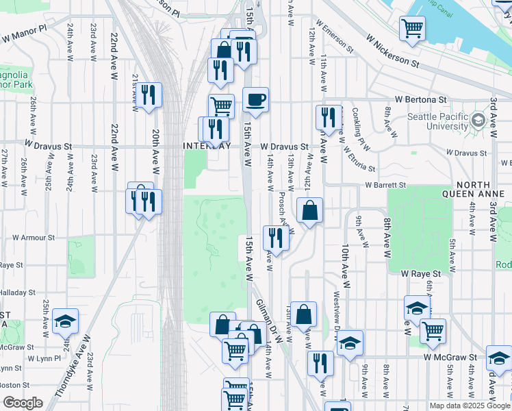map of restaurants, bars, coffee shops, grocery stores, and more near 2834 15th Avenue West in Seattle