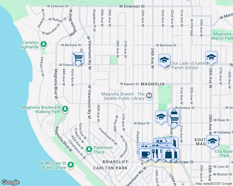 map of restaurants, bars, coffee shops, grocery stores, and more near 3715 West Fulton Street in Seattle