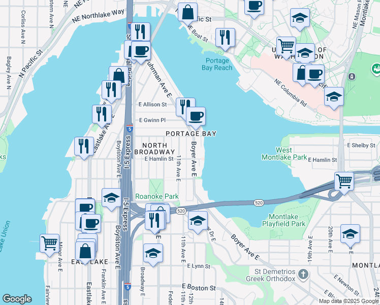 map of restaurants, bars, coffee shops, grocery stores, and more near 2809 Boyer Avenue East in Seattle