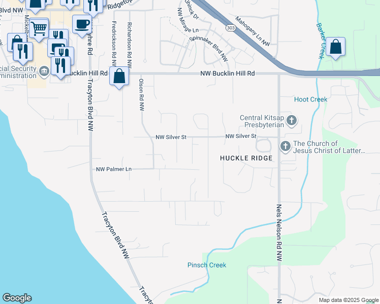 map of restaurants, bars, coffee shops, grocery stores, and more near 9178 Shadowcrest Lane Northwest in Bremerton