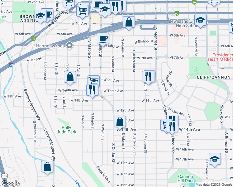 map of restaurants, bars, coffee shops, grocery stores, and more near 1005 South Cedar Street in Spokane