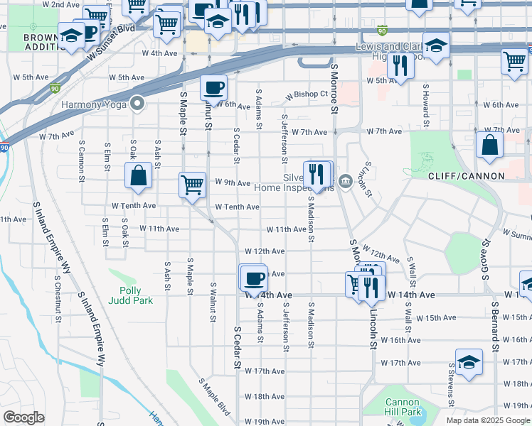 map of restaurants, bars, coffee shops, grocery stores, and more near 1221 West Tenth Avenue in Spokane