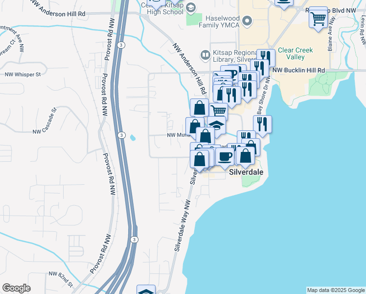 map of restaurants, bars, coffee shops, grocery stores, and more near 3795 Northwest Munson Street in Silverdale