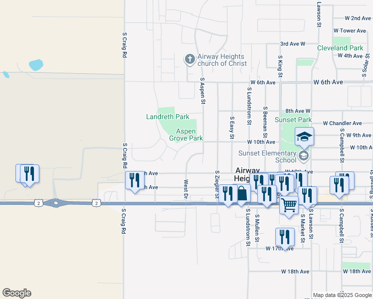 map of restaurants, bars, coffee shops, grocery stores, and more near 1037 West 10th Avenue in Airway Heights