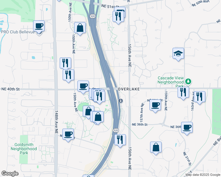 map of restaurants, bars, coffee shops, grocery stores, and more near Northeast 40th Street in Redmond