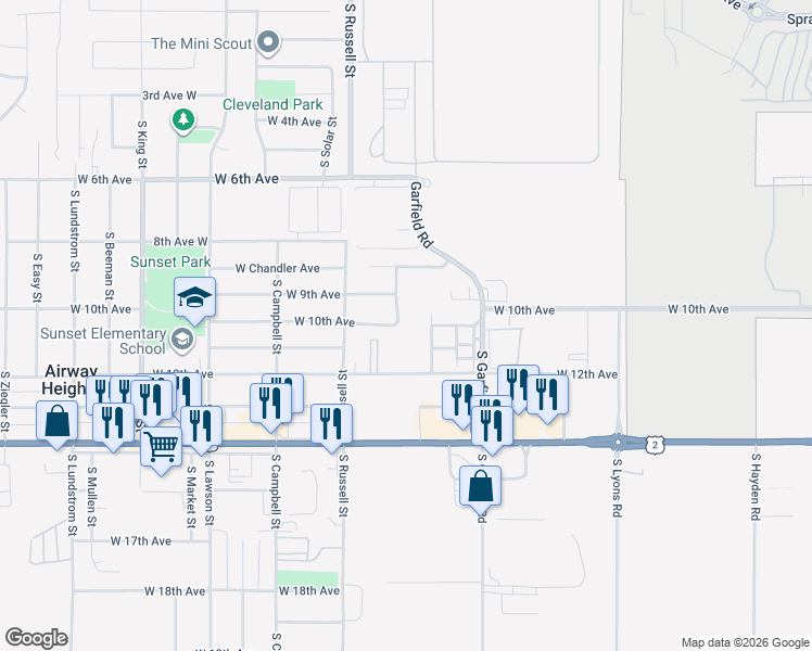 map of restaurants, bars, coffee shops, grocery stores, and more near 12209 West 10th Avenue in Airway Heights