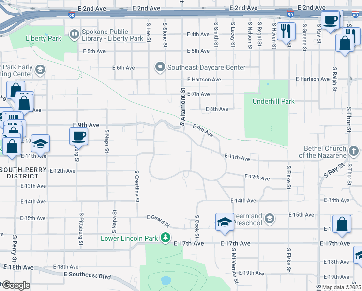 map of restaurants, bars, coffee shops, grocery stores, and more near 1006 South Woodfern Street in Spokane