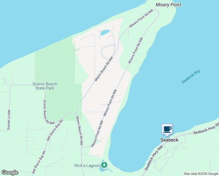map of restaurants, bars, coffee shops, grocery stores, and more near 9399 Misery Point Road Northwest in Seabeck