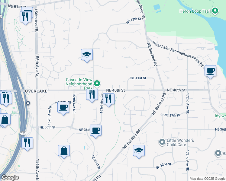 map of restaurants, bars, coffee shops, grocery stores, and more near Northeast 40th Street in Redmond