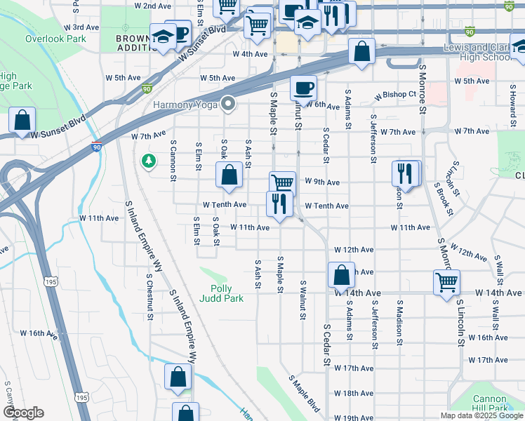 map of restaurants, bars, coffee shops, grocery stores, and more near 1627 West Tenth Avenue in Spokane