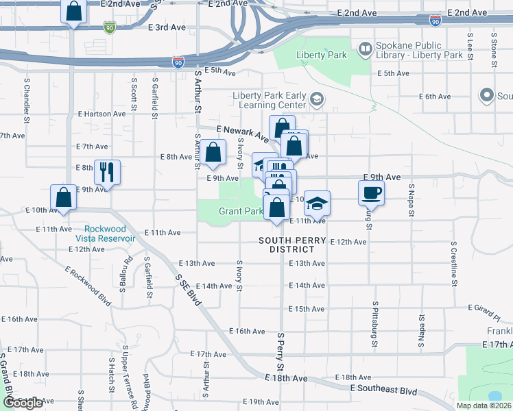 map of restaurants, bars, coffee shops, grocery stores, and more near 1226 East 10th Avenue in Spokane