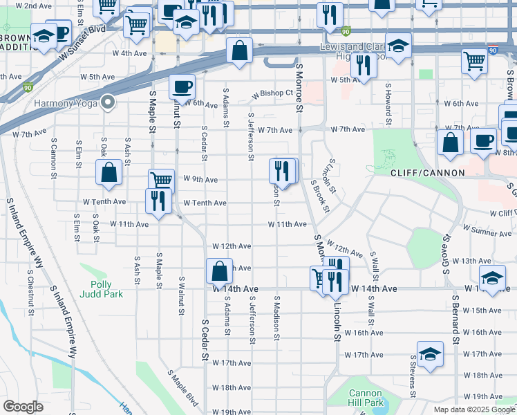 map of restaurants, bars, coffee shops, grocery stores, and more near 1117 West Tenth Avenue in Spokane
