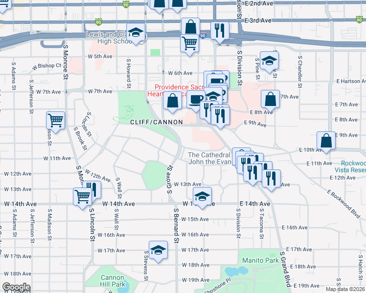 map of restaurants, bars, coffee shops, grocery stores, and more near 232 West Cliff Drive in Spokane
