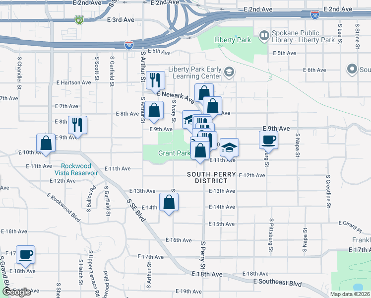 map of restaurants, bars, coffee shops, grocery stores, and more near 1226 East 10th Avenue in Spokane