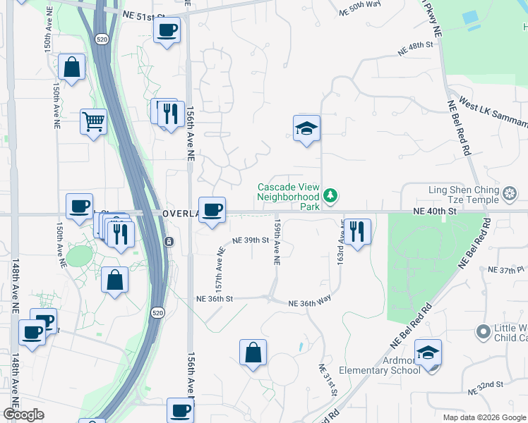 map of restaurants, bars, coffee shops, grocery stores, and more near 15850 Northeast 40th Street in Redmond