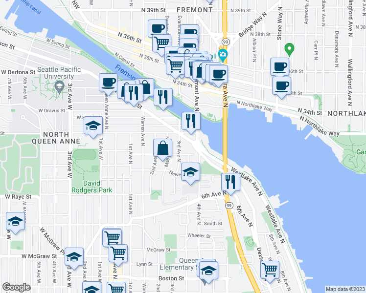 map of restaurants, bars, coffee shops, grocery stores, and more near 314 Fulton Street in Seattle