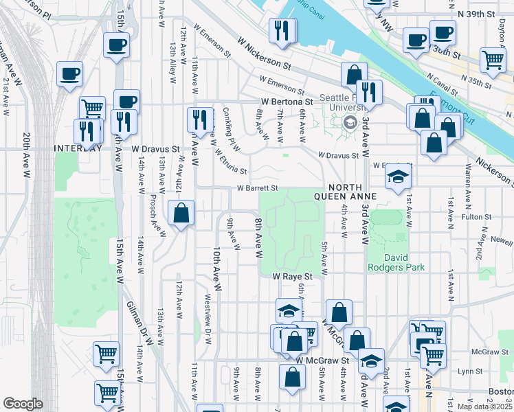 map of restaurants, bars, coffee shops, grocery stores, and more near 800 West Fulton Street in Seattle