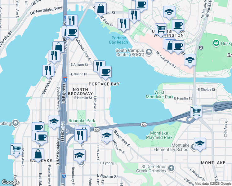 map of restaurants, bars, coffee shops, grocery stores, and more near 2816 Boyer Avenue East in Seattle