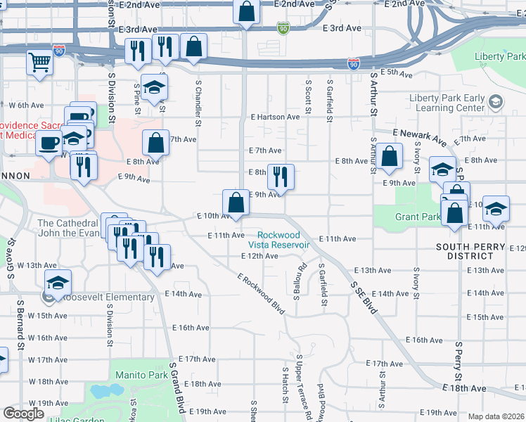 map of restaurants, bars, coffee shops, grocery stores, and more near 603 East 10th Avenue in Spokane