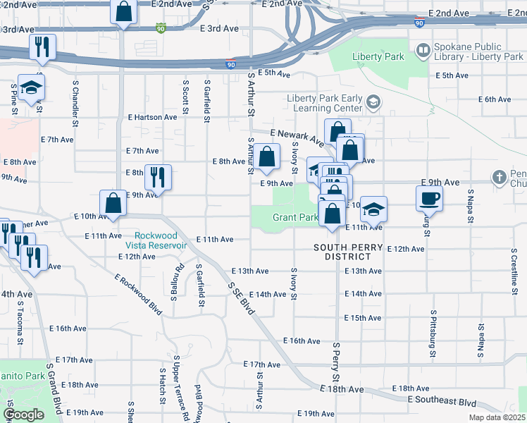 map of restaurants, bars, coffee shops, grocery stores, and more near 1016 East 10th Avenue in Spokane