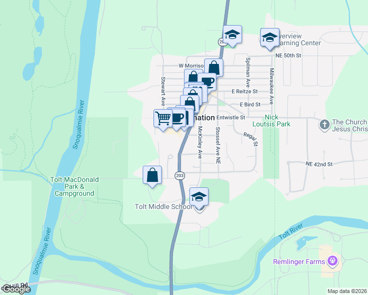 map of restaurants, bars, coffee shops, grocery stores, and more near 4224 Tolt Avenue in Carnation