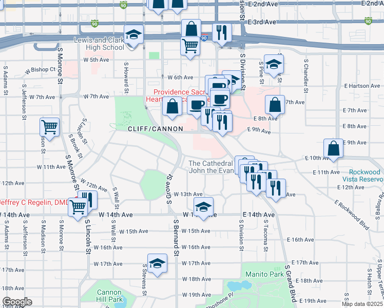 map of restaurants, bars, coffee shops, grocery stores, and more near 216 West Cliff Drive in Spokane