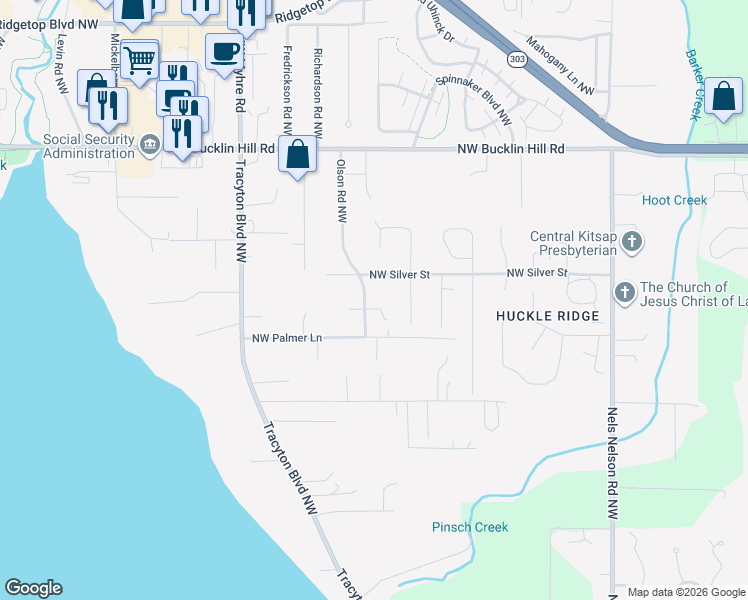 map of restaurants, bars, coffee shops, grocery stores, and more near 1566 Northwest Young Place in Bremerton