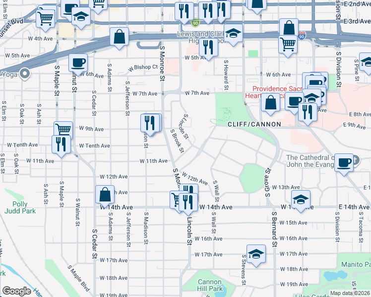 map of restaurants, bars, coffee shops, grocery stores, and more near 808 West 11th Avenue in Spokane