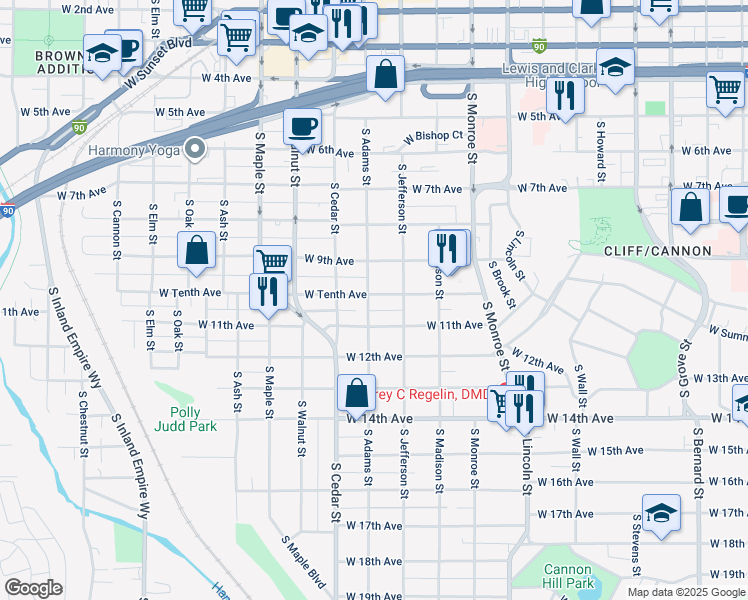 map of restaurants, bars, coffee shops, grocery stores, and more near 1221 West Tenth Avenue in Spokane