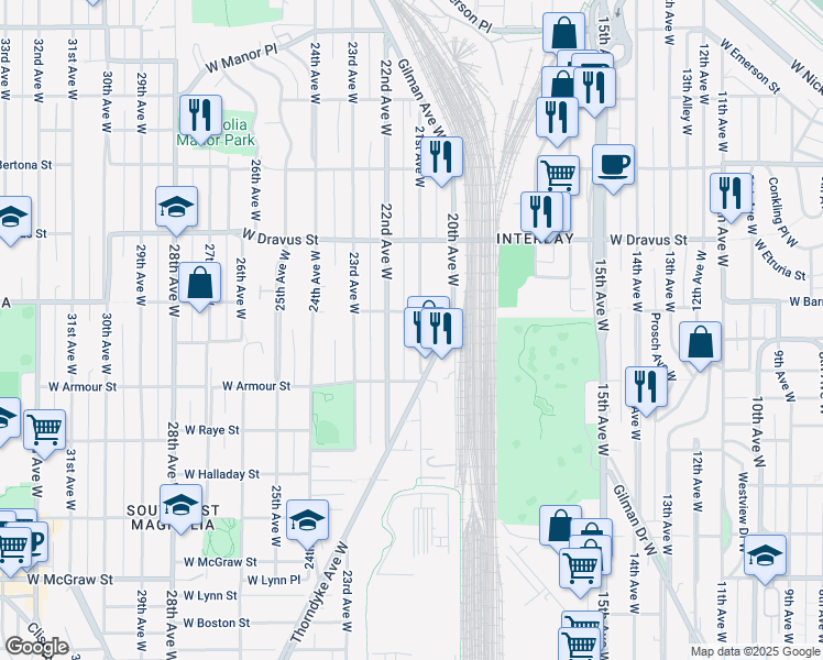 map of restaurants, bars, coffee shops, grocery stores, and more near 2837 21st Avenue West in Seattle
