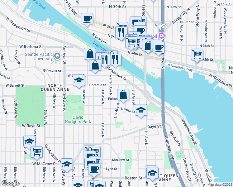 map of restaurants, bars, coffee shops, grocery stores, and more near 2915 2nd Avenue North in Seattle