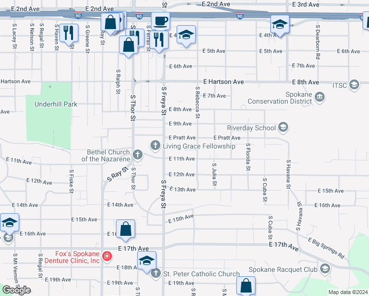 map of restaurants, bars, coffee shops, grocery stores, and more near 1024 South Rebecca Street in Spokane