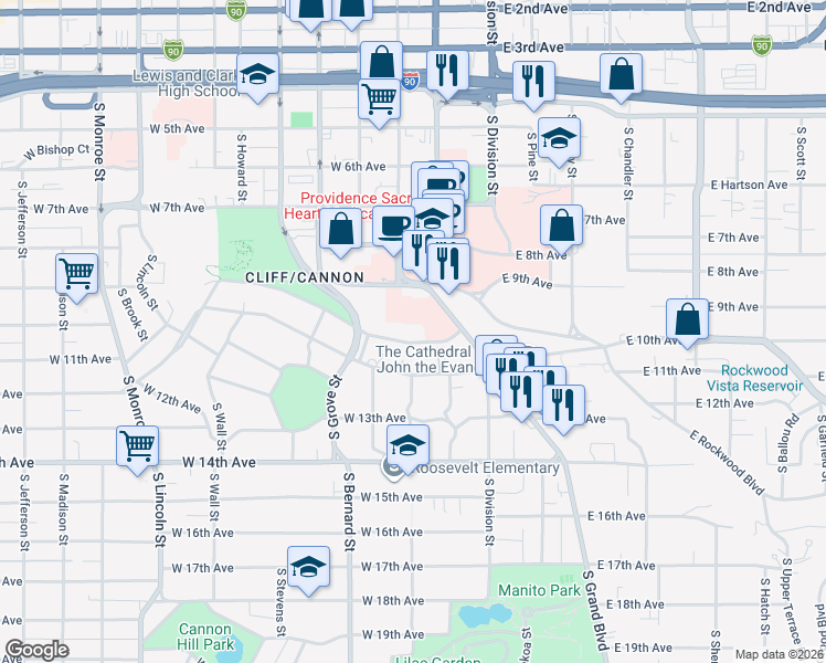 map of restaurants, bars, coffee shops, grocery stores, and more near 112 West Cliff Drive in Spokane