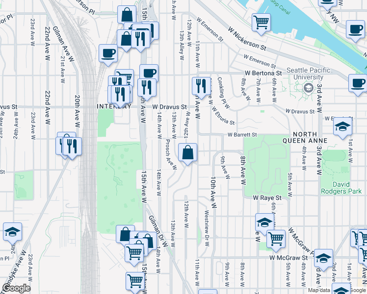 map of restaurants, bars, coffee shops, grocery stores, and more near 2833 12th Avenue West in Seattle