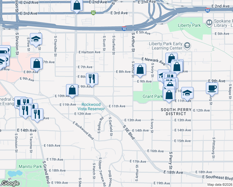 map of restaurants, bars, coffee shops, grocery stores, and more near 909 East 10th Avenue in Spokane