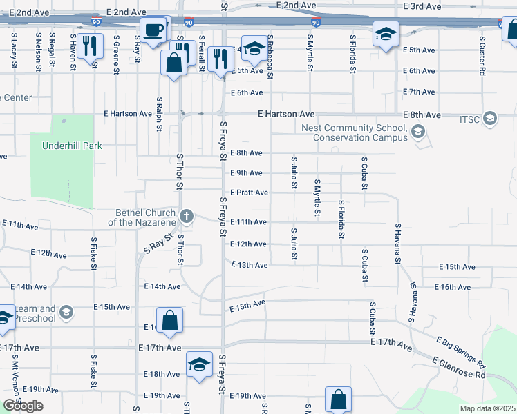 map of restaurants, bars, coffee shops, grocery stores, and more near 1016 South Rebecca Street in Spokane