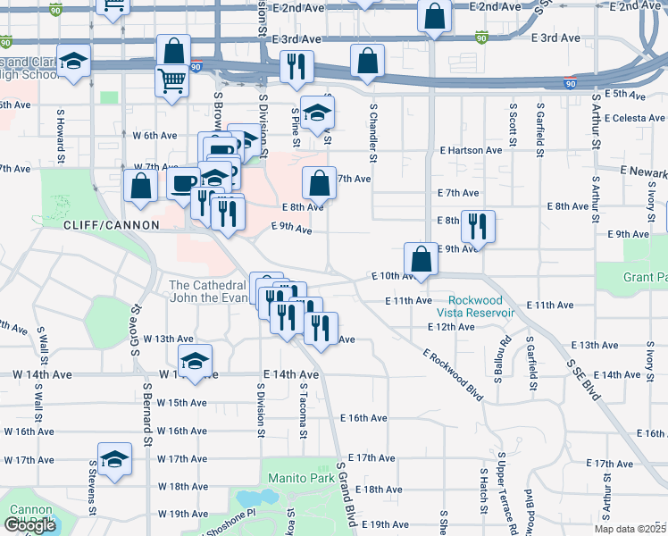 map of restaurants, bars, coffee shops, grocery stores, and more near 939 South Cowley Street in Spokane