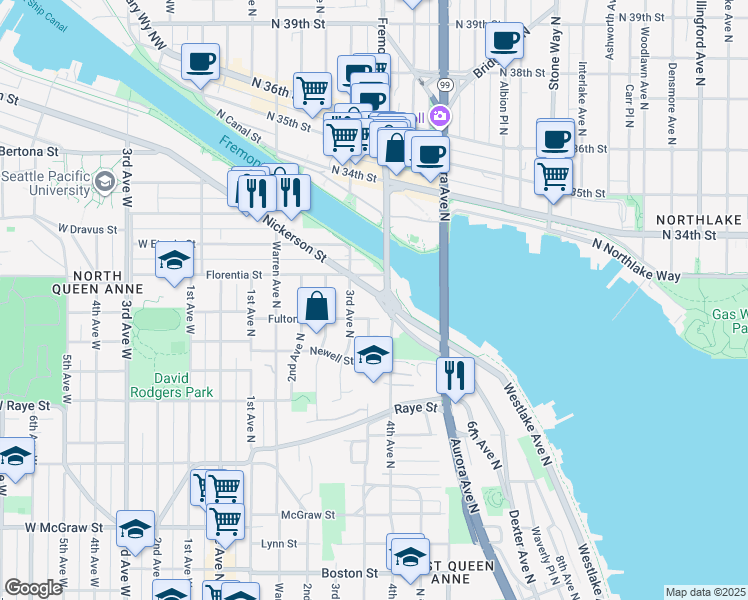 map of restaurants, bars, coffee shops, grocery stores, and more near 314 Fulton Street in Seattle